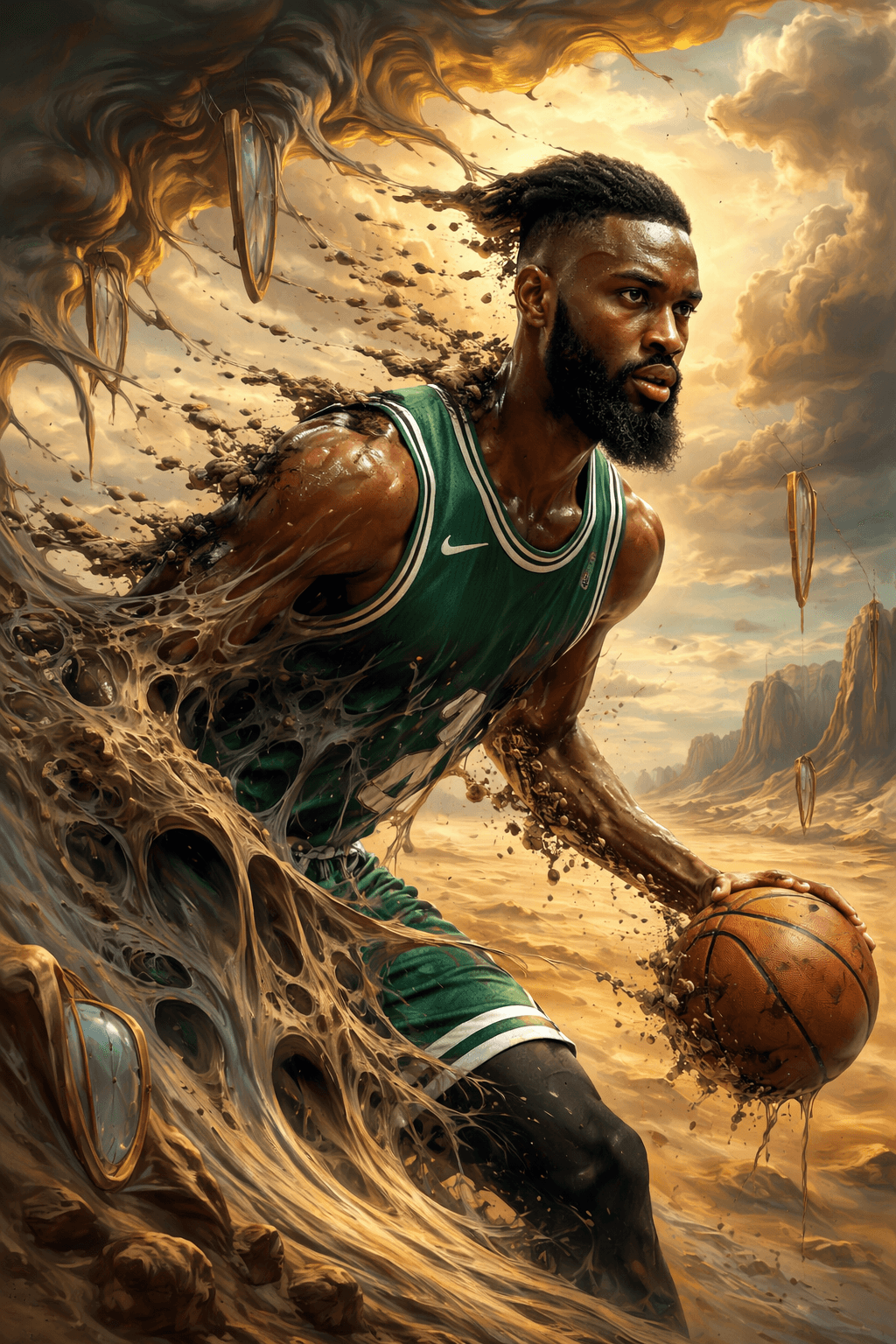 Illustration of Jaylen Brown dribbling in a Celtics uniform through a melting, Dalí-style desert