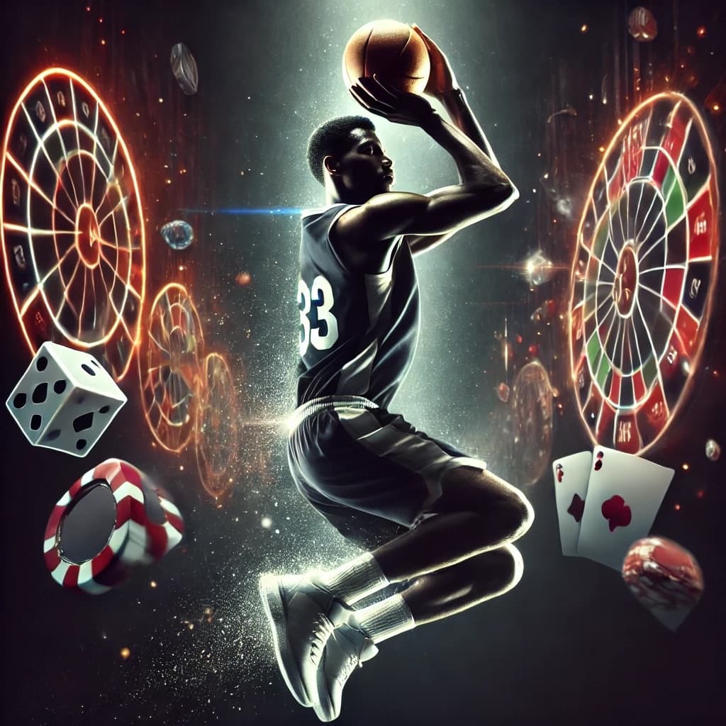 Illustration: a player in a No. 33 jersey rises for a shot in the dark, surrounded by dice, playing cards, poker chips and roulette wheels