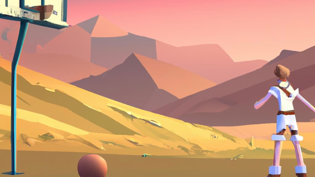 Illustration: a lone player on an empty desert court at dusk, a basketball resting under the hoop