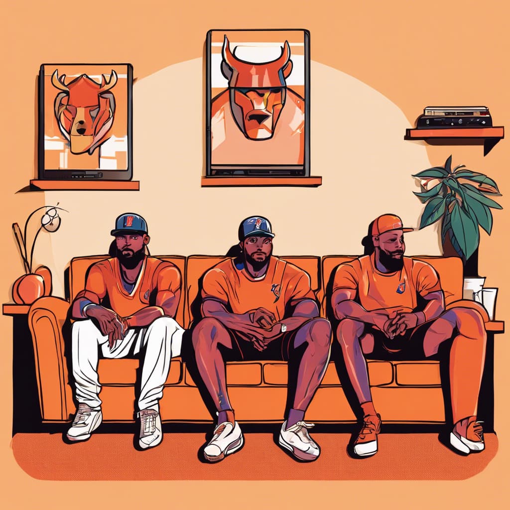 Illustration: three men in orange shirts sit on an orange couch under framed pictures of animal heads