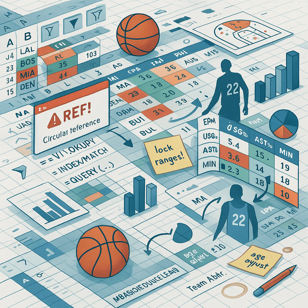 Illustration: a sprawling spreadsheet of NBA team numbers, charts and formulas, with a #REF! circular reference error