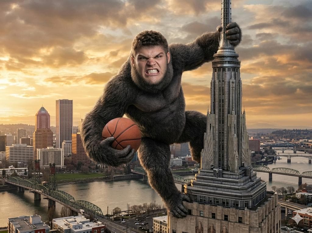 Illustration: Donovan Clingan as King Kong, clutching a basketball and climbing a skyscraper over Portland
