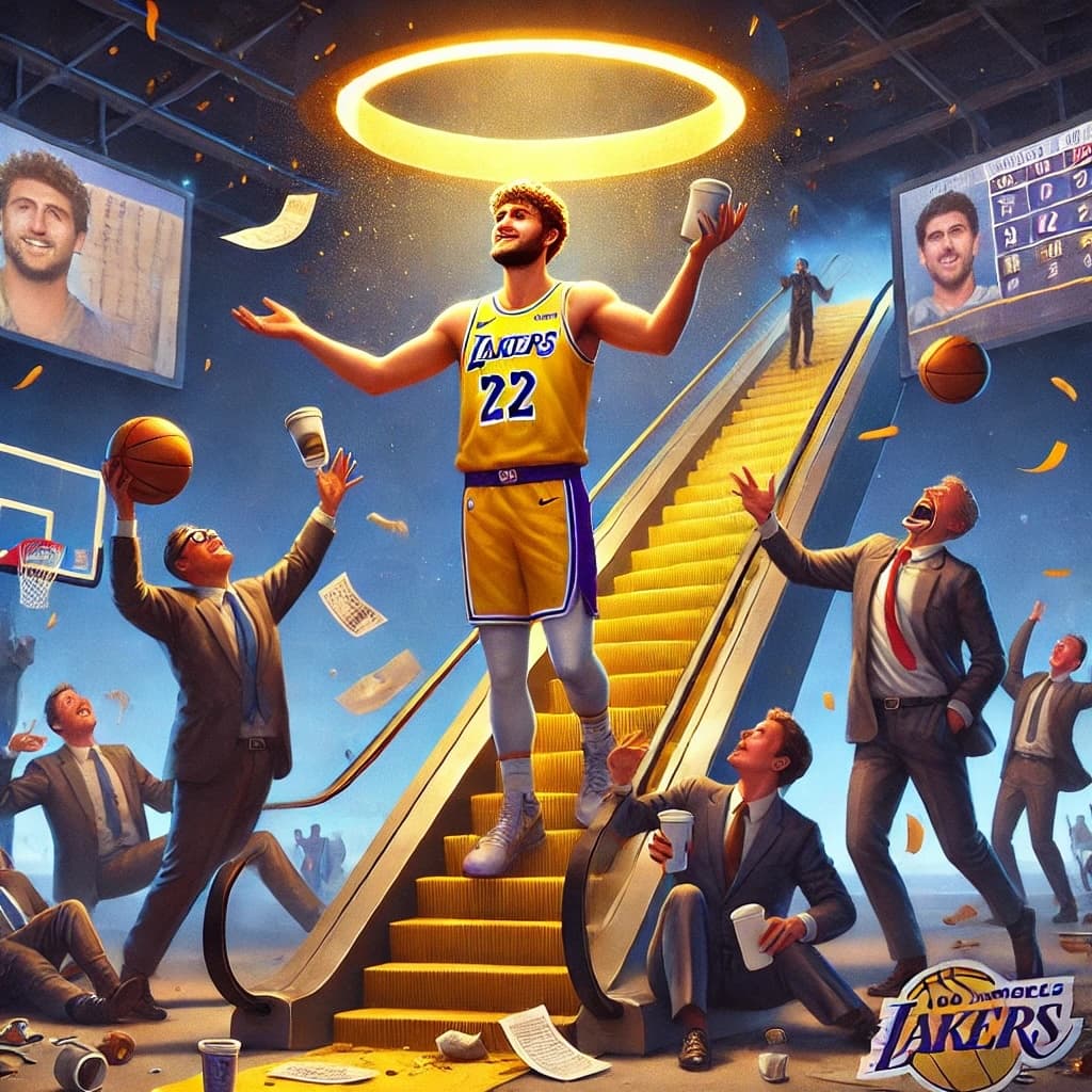 Illustration: a smiling man in a Lakers jersey rides an escalator up under a golden halo while men in suits tumble around him