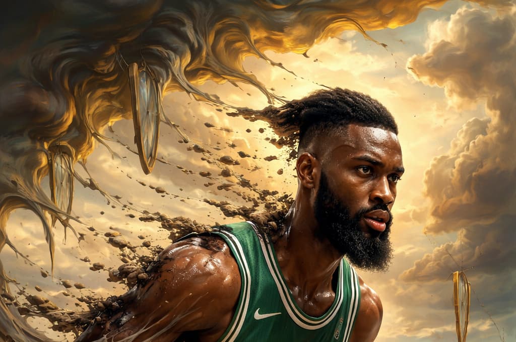 Painting-style illustration of Jaylen Brown in a Celtics jersey, dissolving into sand under melting clocks