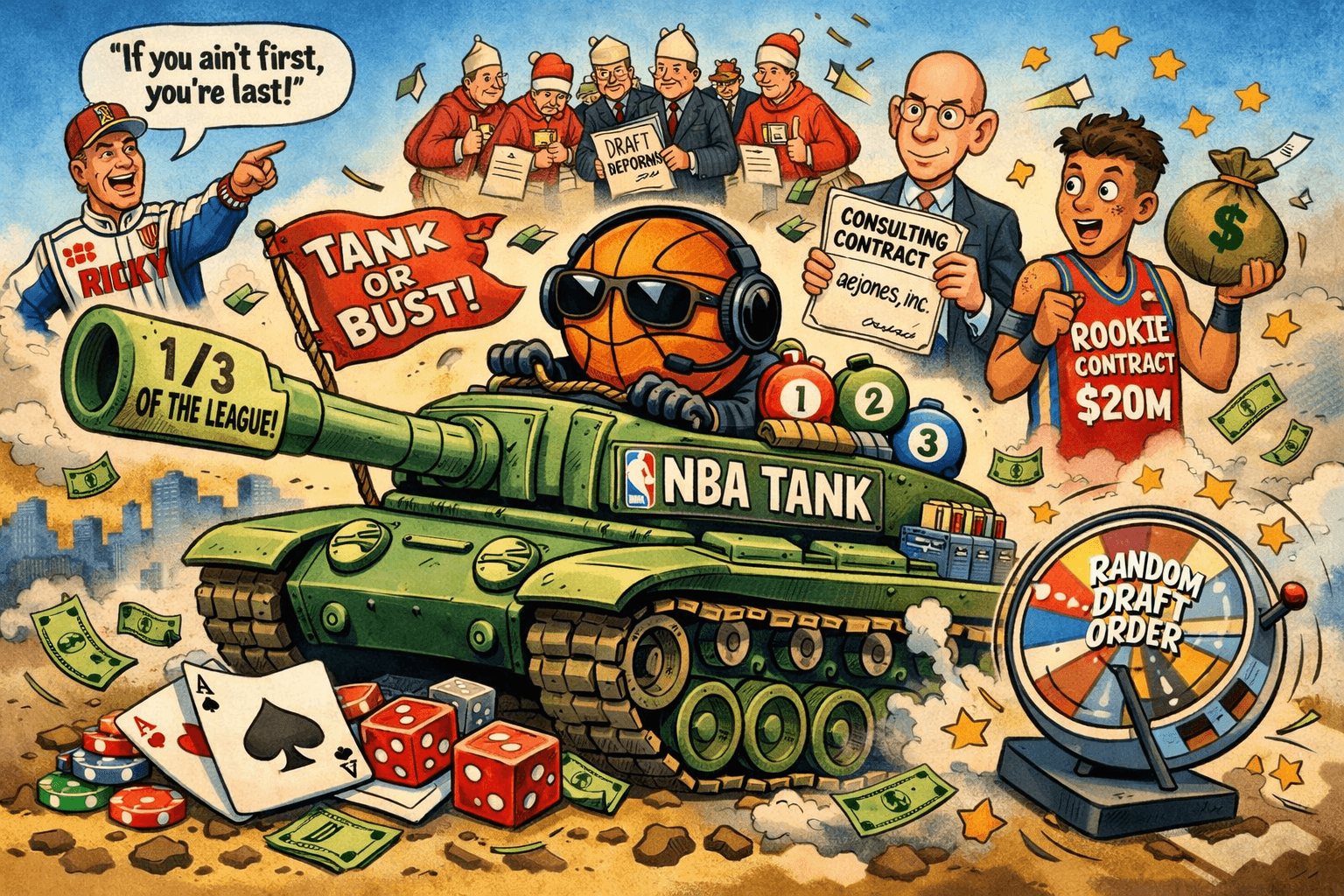 Cartoon of the NBA's tanking problem: a basketball in sunglasses drives an "NBA Tank" for one third of the league, with lottery balls, a random draft order wheel and a $20M rookie contract