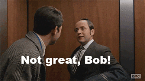 GIF from Mad Men: Pete Campbell in an elevator saying "Not great, Bob!"